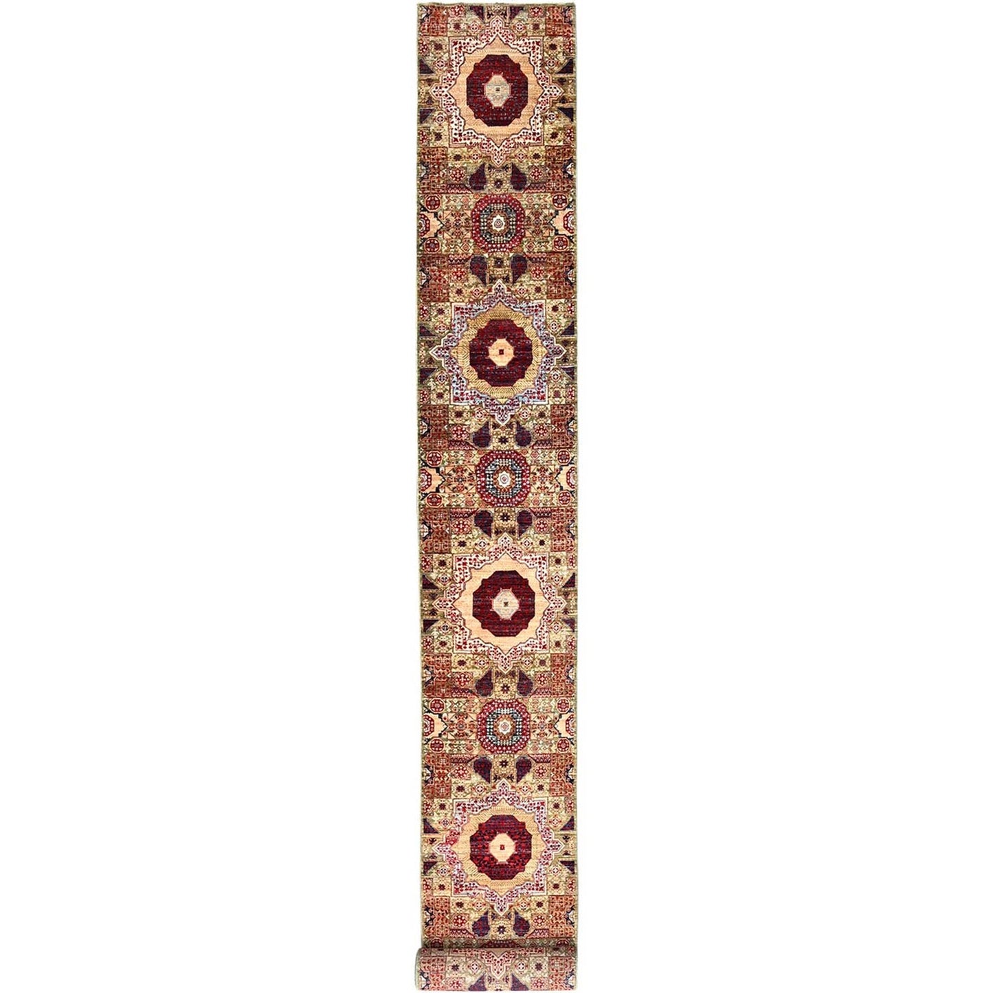 2'4"X24'7" Green Hand Knotted Mamluk Design Pure Wool Xl Runner Rug