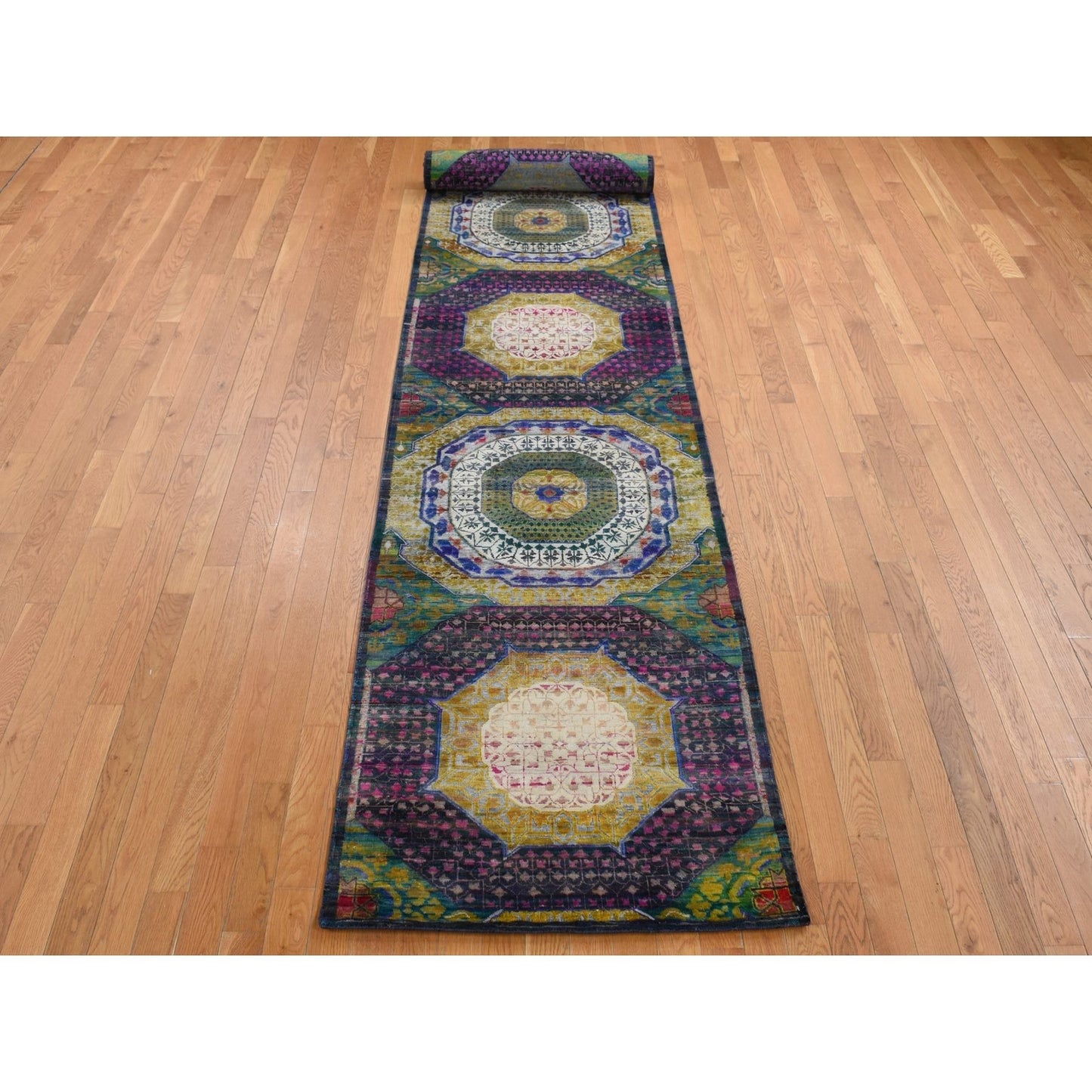 3'1"X16'1" Colorful Mamluk Design Silk With Wool Runner Hand Knotted Rug