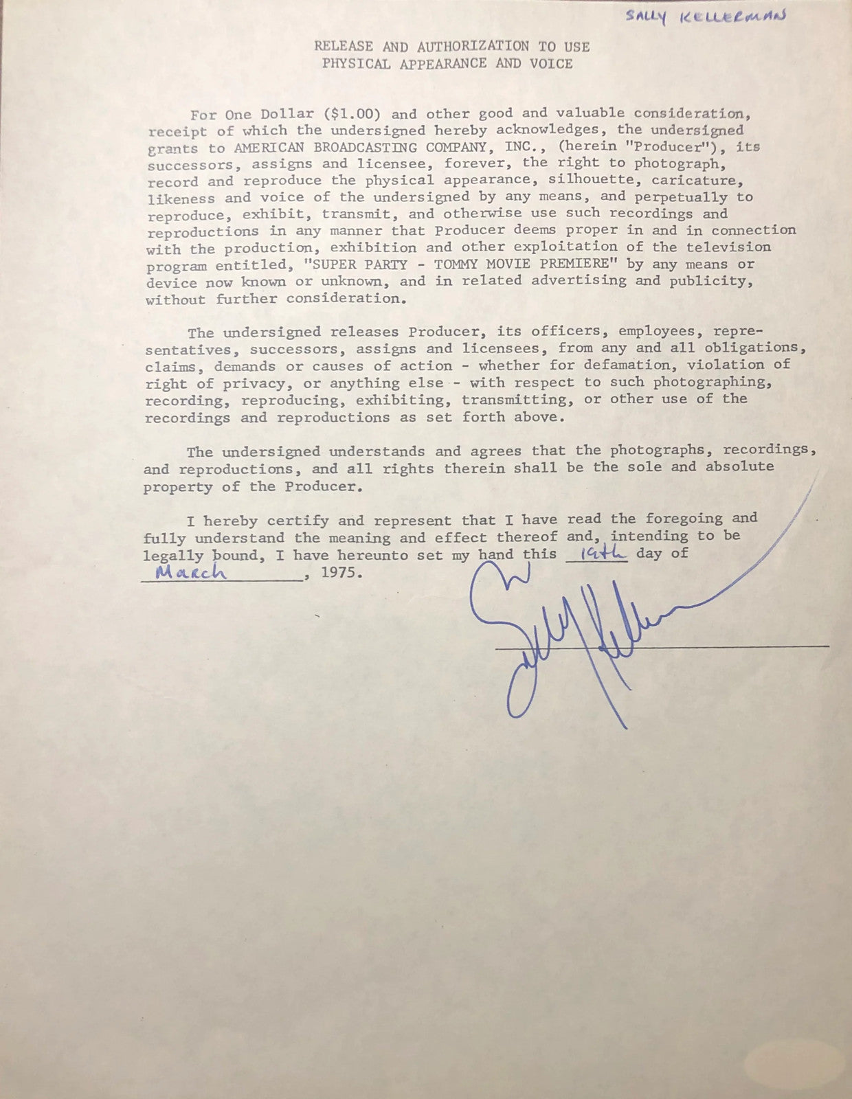 Sally Kellerman Autographed Contract (Jsa)