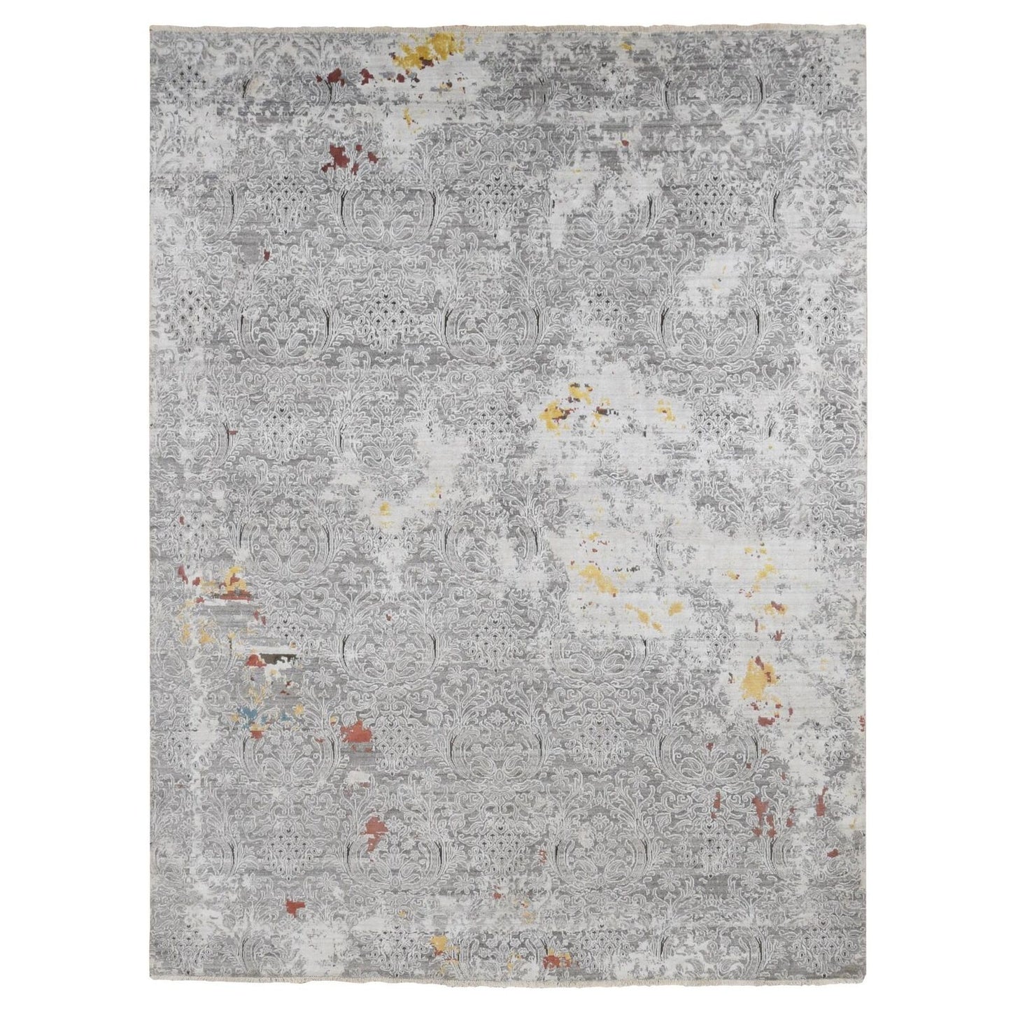 8'9"X11'10" Gray Hand Knotted Modern Broken Design Wool And Silk Rug