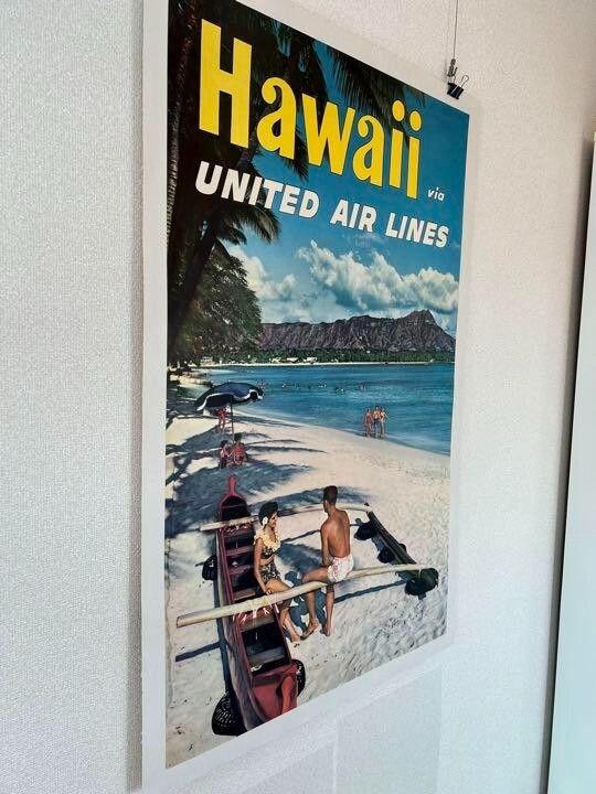 Hawaii Poster United Air Lines Ala Moana Beach Promotion Vintage Print Ultrarare