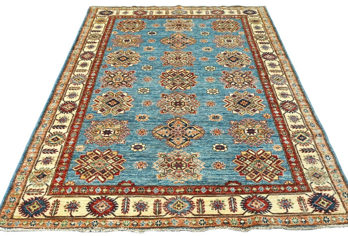 Tribal Geometric Kazak Area Rug Blue Farmho Boho