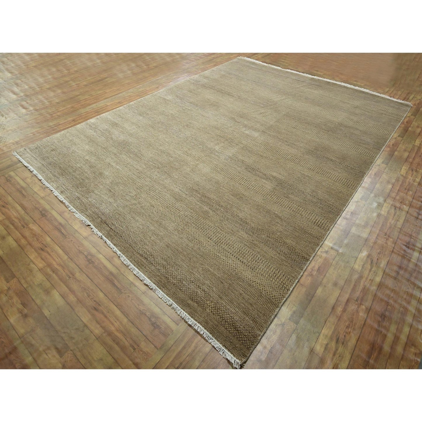 8'10"X12' Brown Modern Grass Design Hand Knotted Wool & Silk Oriental Rug