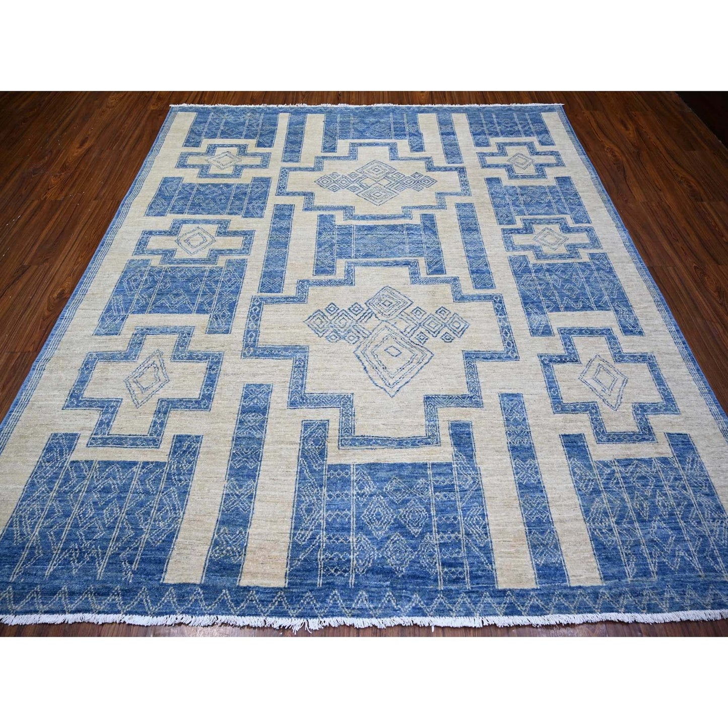 8'X9' Denim Blue Fine Peshawar Wool Hand Knotted Oriental Rug