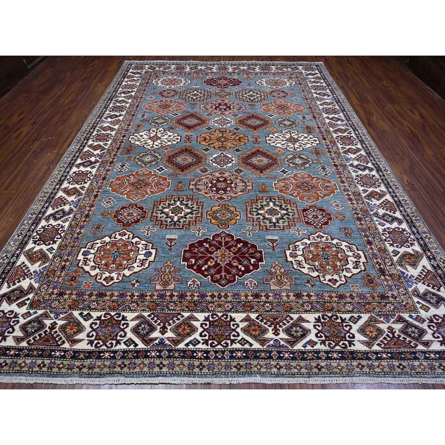 9'X12'5" Normandy Gray Hand Knotted Super Kazak Tribal Wool Oriental Rug