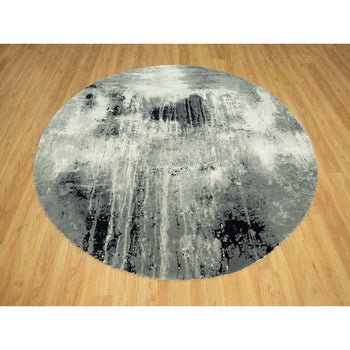 8'X8' Black Hand Knotted Abstract Wool And Silk Round Rug