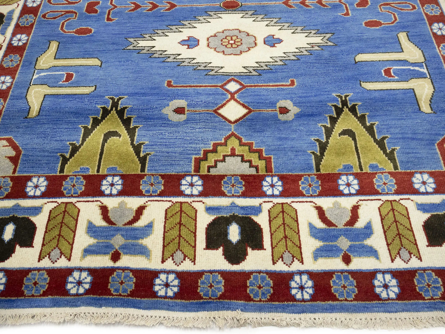 Farmho Boho Blue Geometric Kazak Oriental Rug
