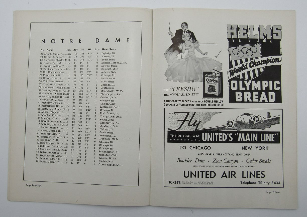 Dec. 5, 1936 So. California Vs. Notre Dame Ncaa Football Game Program 195595