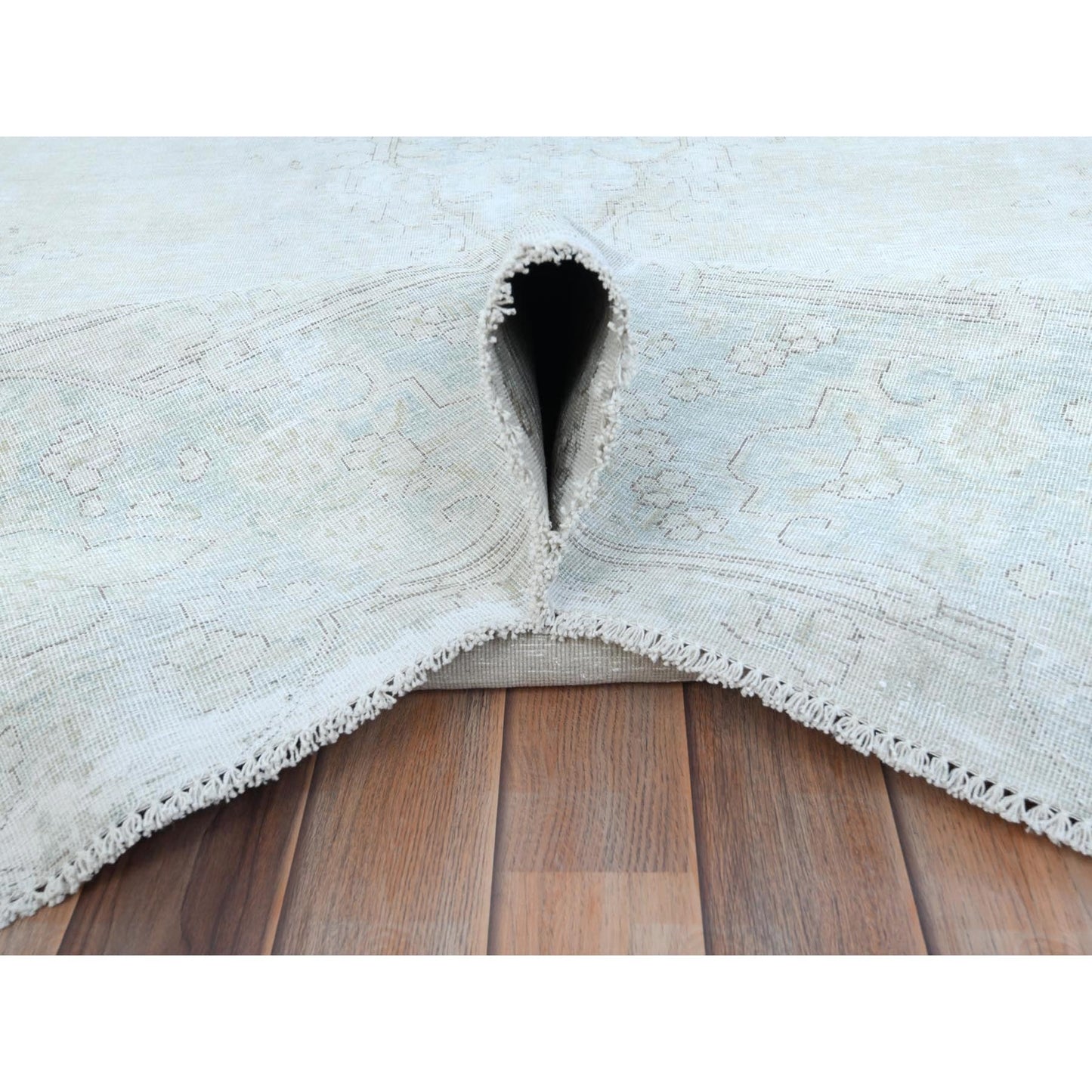 9'8"X12'10" Beige Hand Knotted Wool Distressed Vintage Farsian Karman Rug