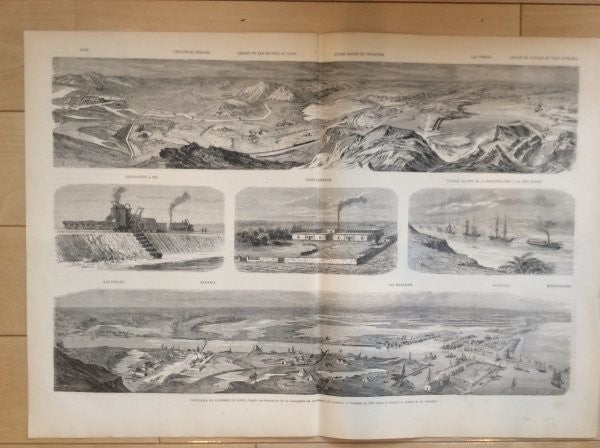 1867 Paris Exposition Wood Engraving Suez Canal Construction Panorama Original