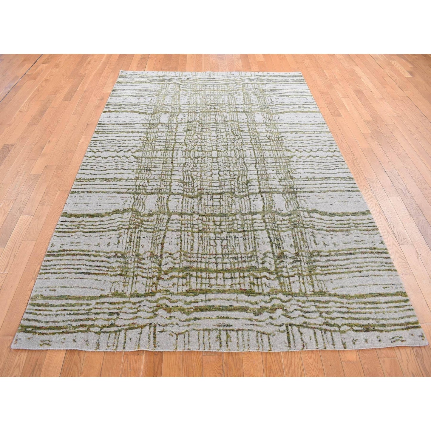 6'X8'9" Goose Gray Modern Fine Jacquard Hand Loomed Wool And Art Silk Rug