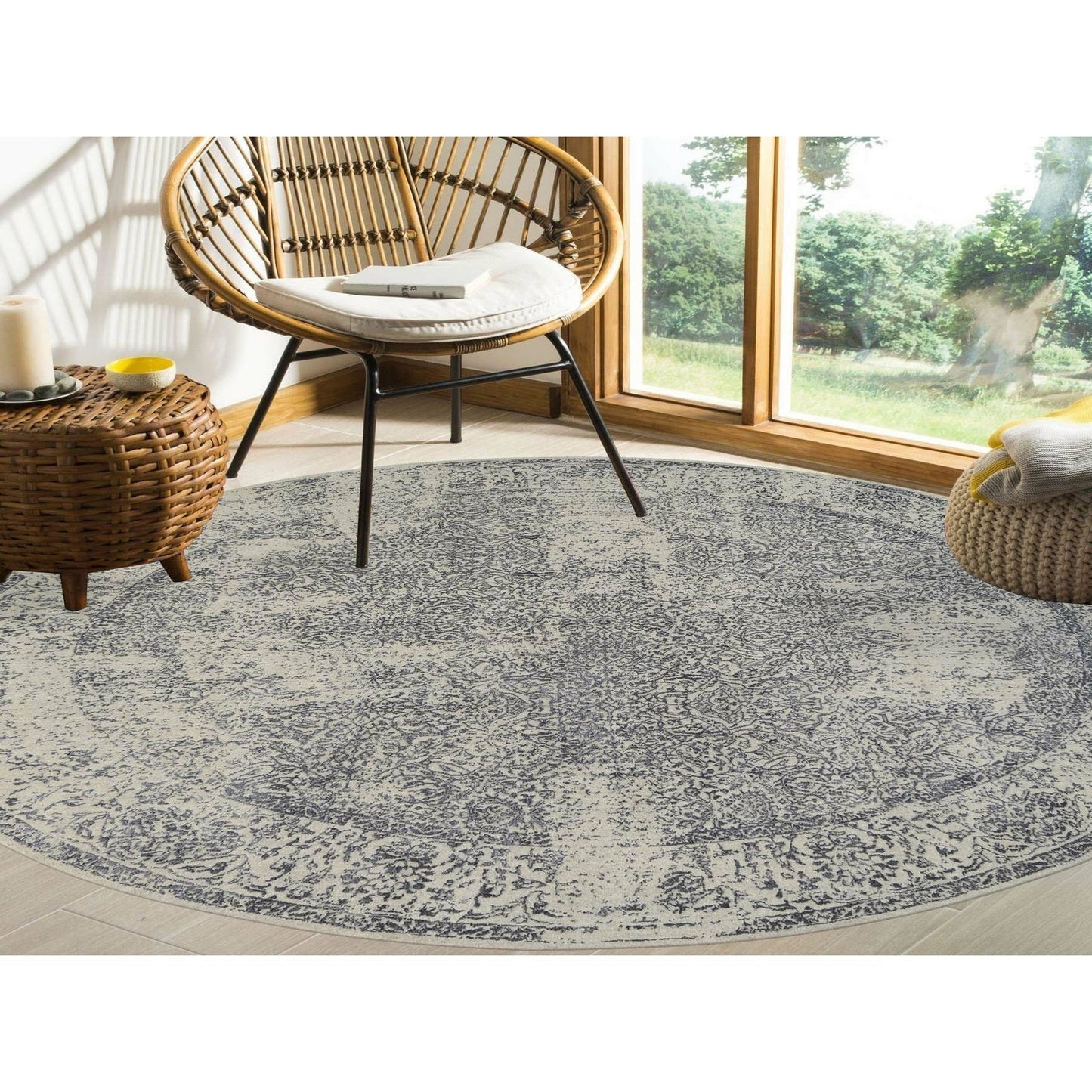 10'X10' Gray Fine Jacquard Wool And Silk Hand Loomed Round Rug