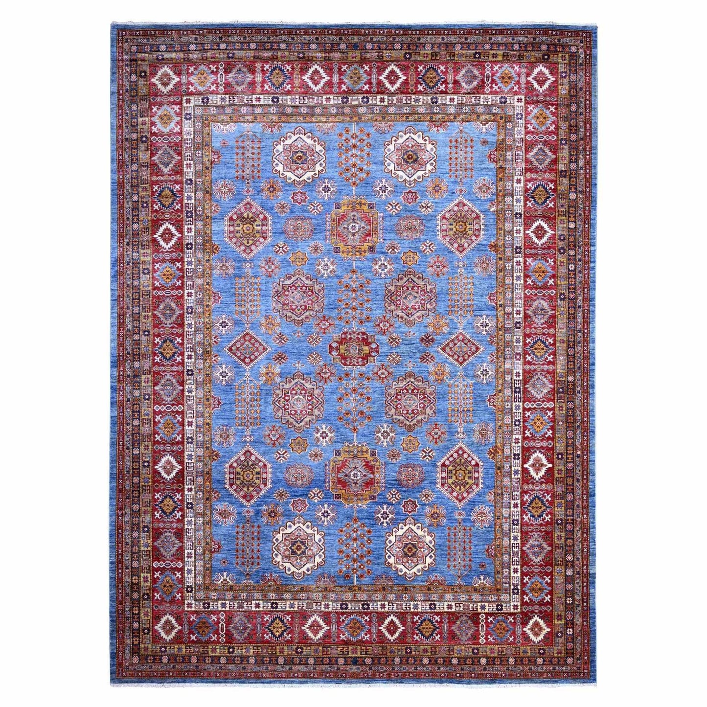 10'2"X13'8" Blue Hand Knotted Super Kazak All Over Motifs Oriental Rug