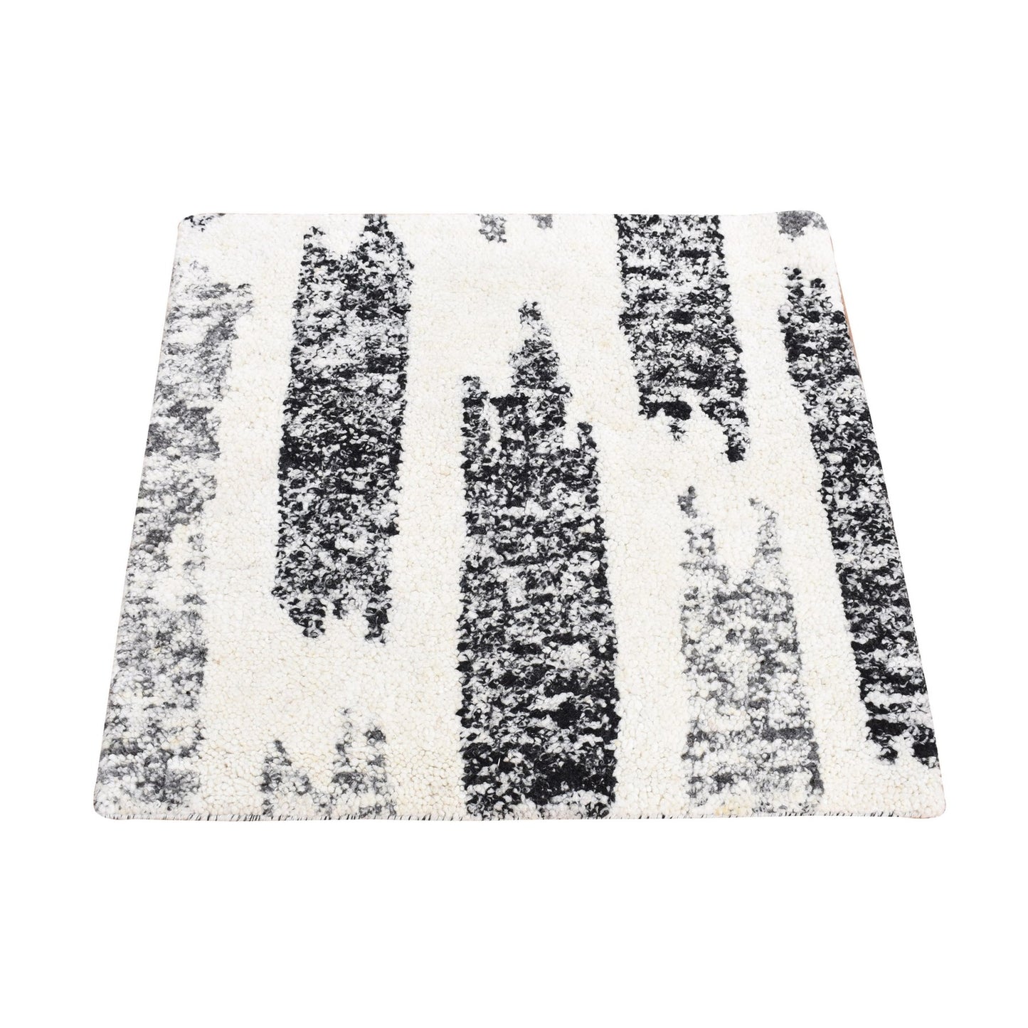 3'X3' Black Modern Erased Wool Hand Knotted Square Oriental Rug