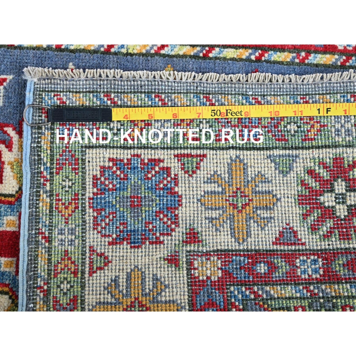 2'9"X4'1" Blue Kazak With Tribal Design Hand Knotted Soft Wool Sample Rug