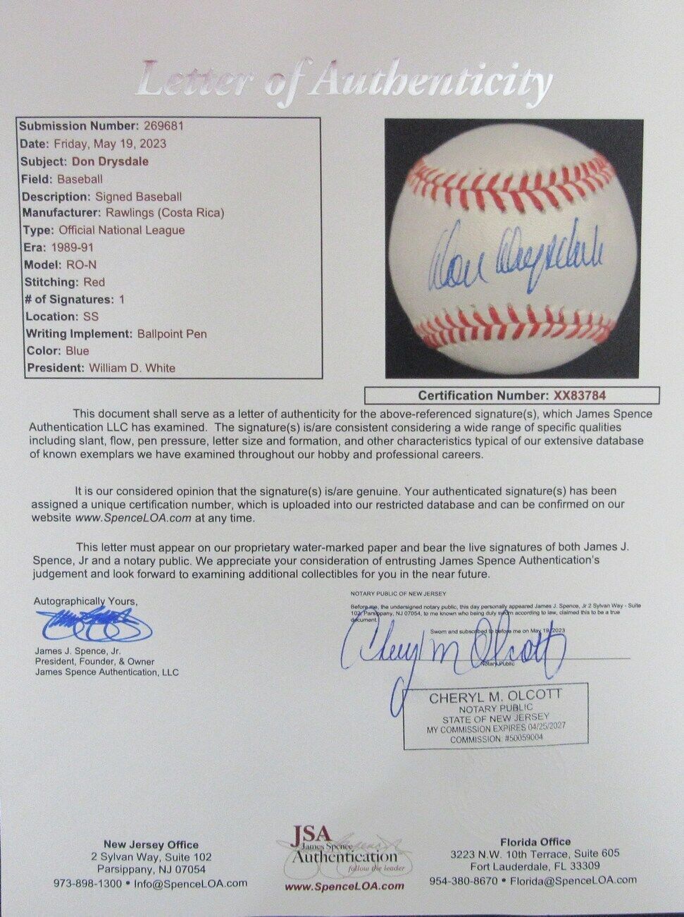 Don Drysdale Hof Autographed Onl Baseball Los