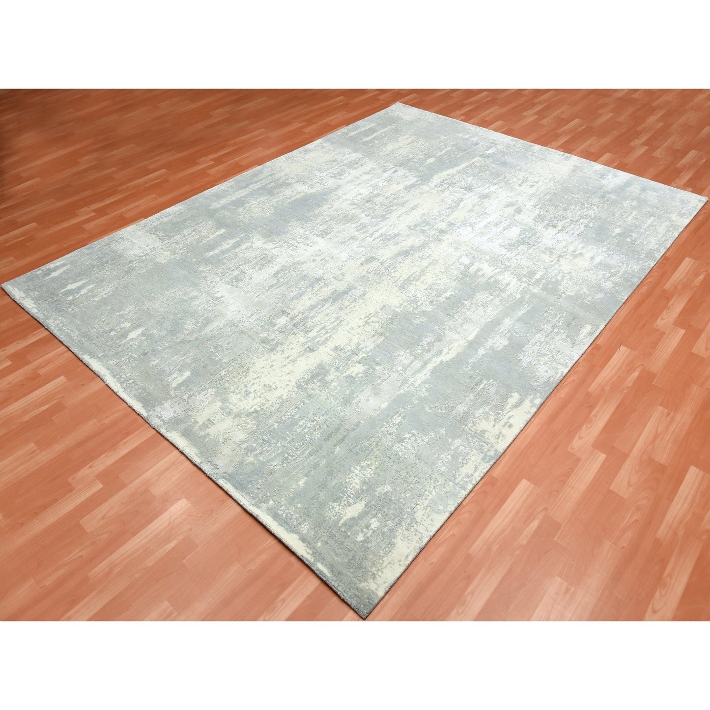 9'X12'1" Gray Modern Abstract Design Wool And Silk Hand Knotted Rug