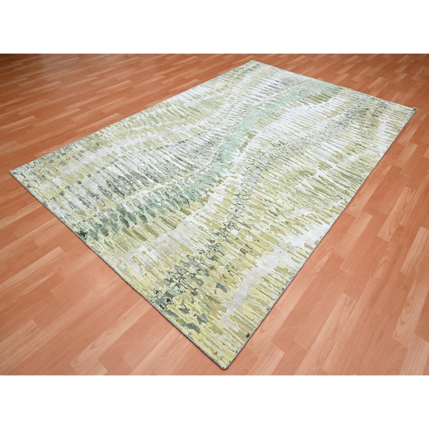 6'1"X9'3" Shades Of Green Crocodile Safari Design Silk Hand Knotted Rug