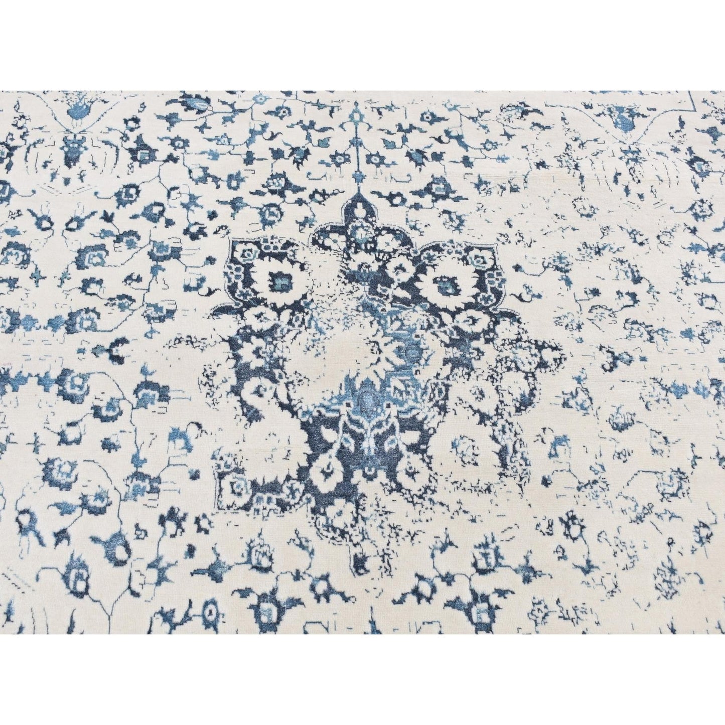 9'X12'1" Ivory Modern Broken Design Wool And Silk Hand Knotted Rug