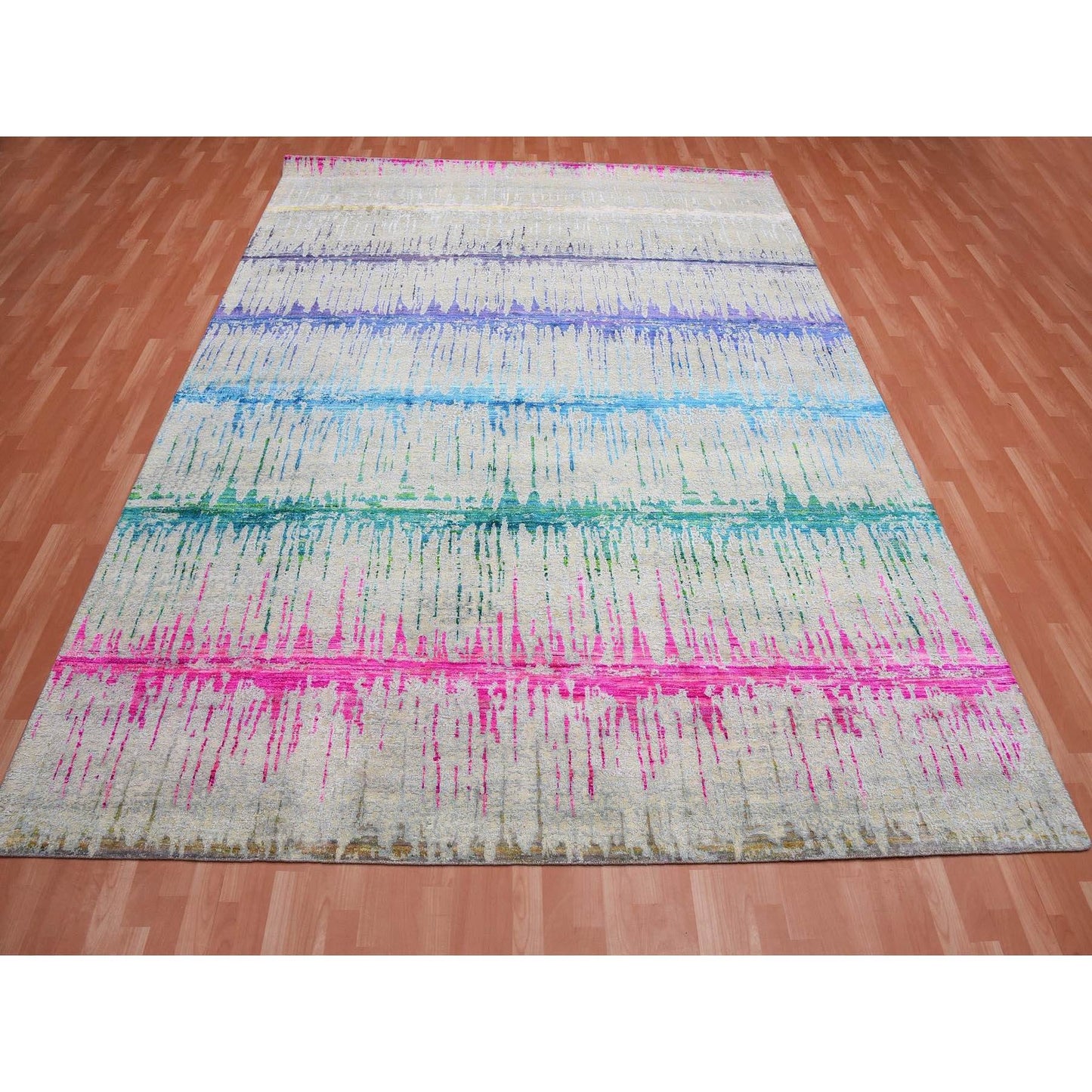 9'1"X12' Ivory The Cardiac Sari Silk With Wool Hand Knotted Rug