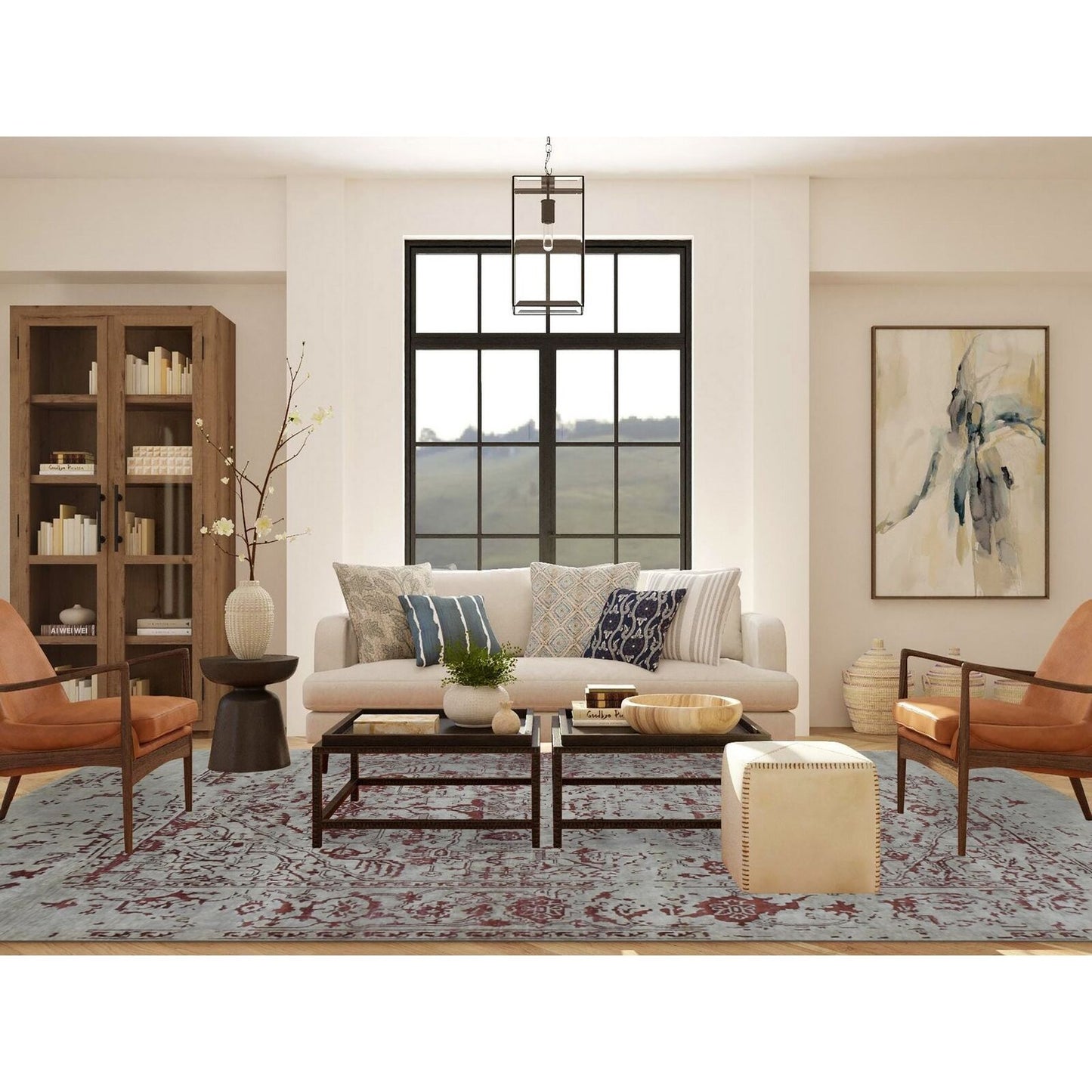 9'X11'9" Beige Broken Heris Design Wool And Silk Hand Knotted Rug