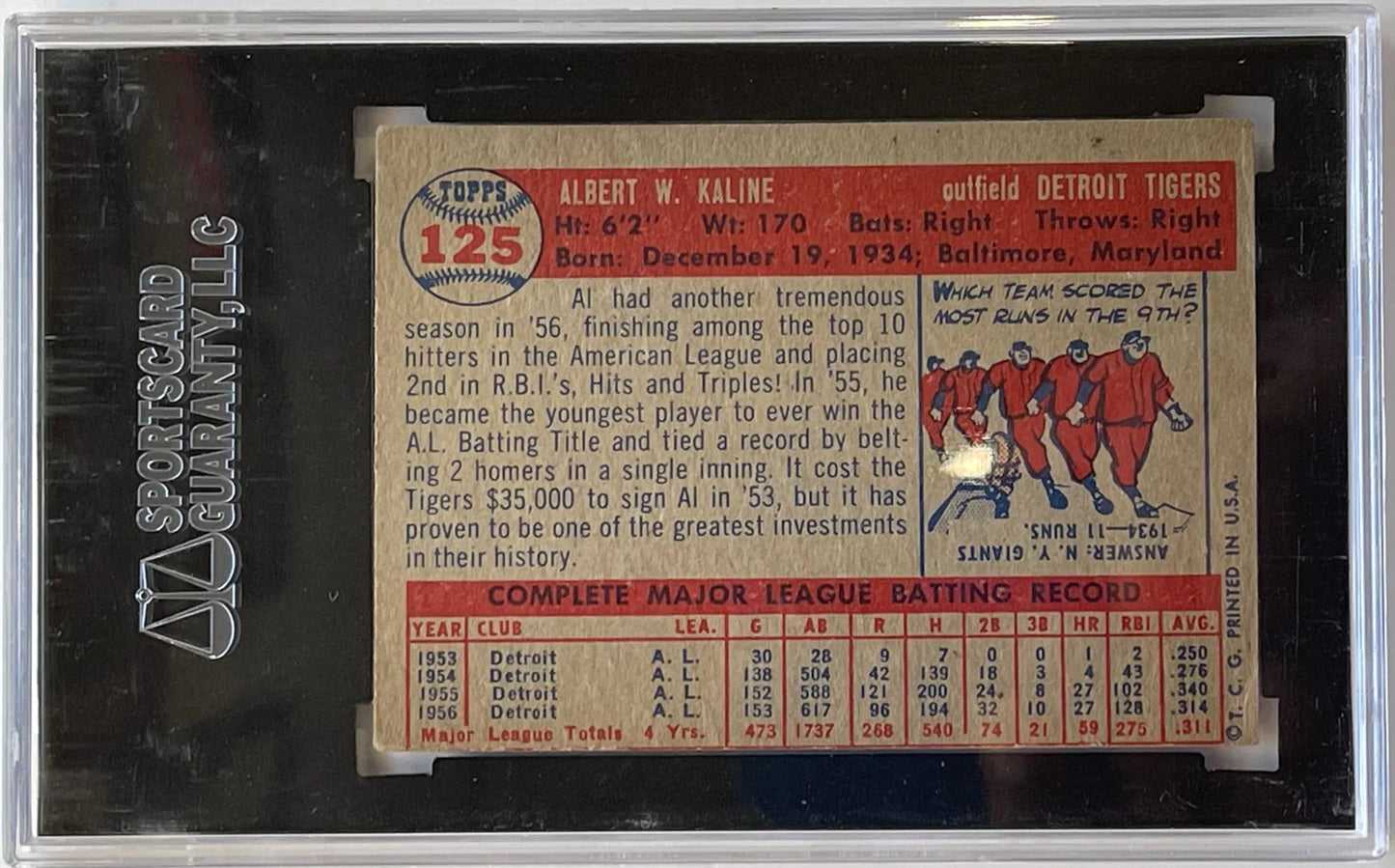 Al Kaline Autographed 1957 Topps Card #125 (Sgc)
