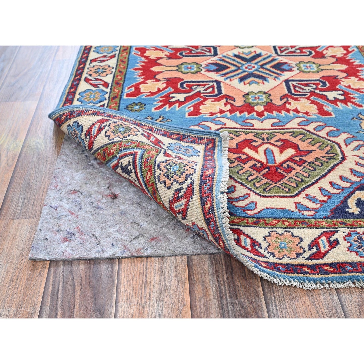 2'8"X4' Blue Kazak Geometric Design Hand Knotted Soft Wool Mat Sample Rug