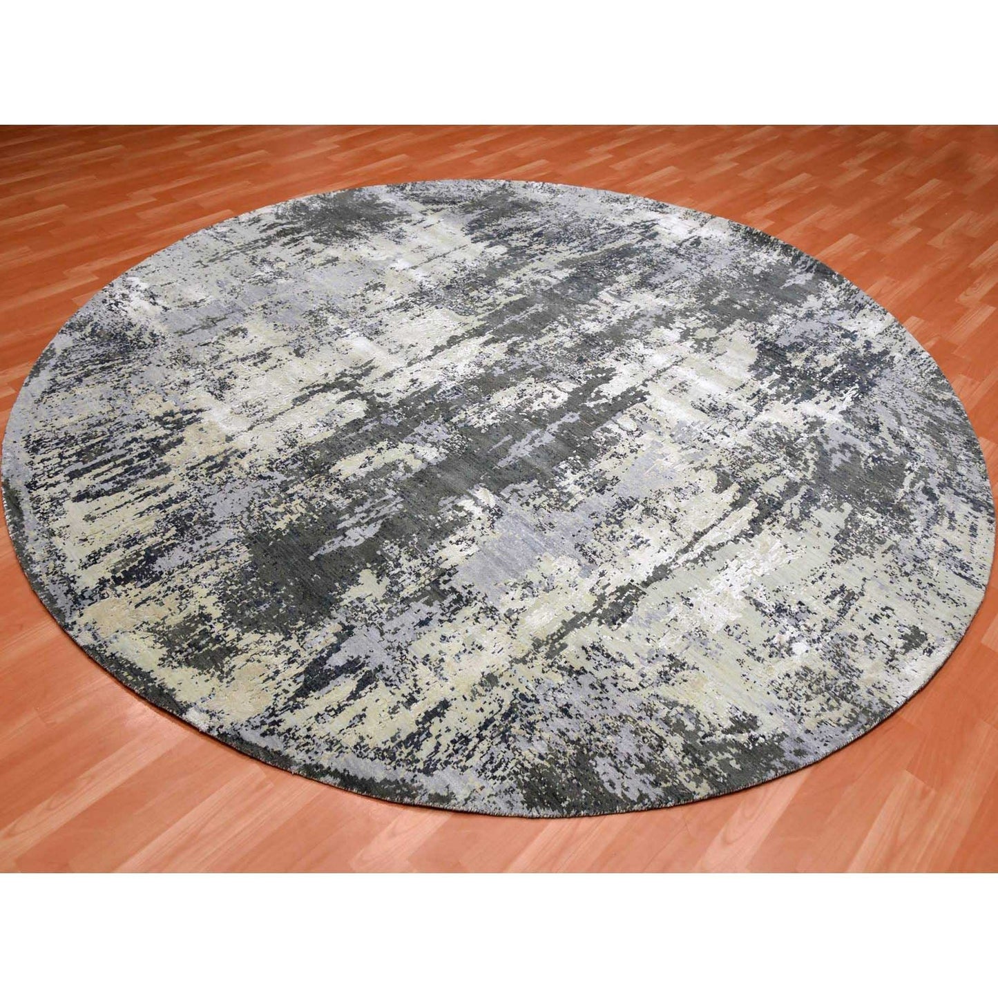 10'X10' Charcoal Gray Wool And Silk Denser Weave Hand Knotted Round Rug