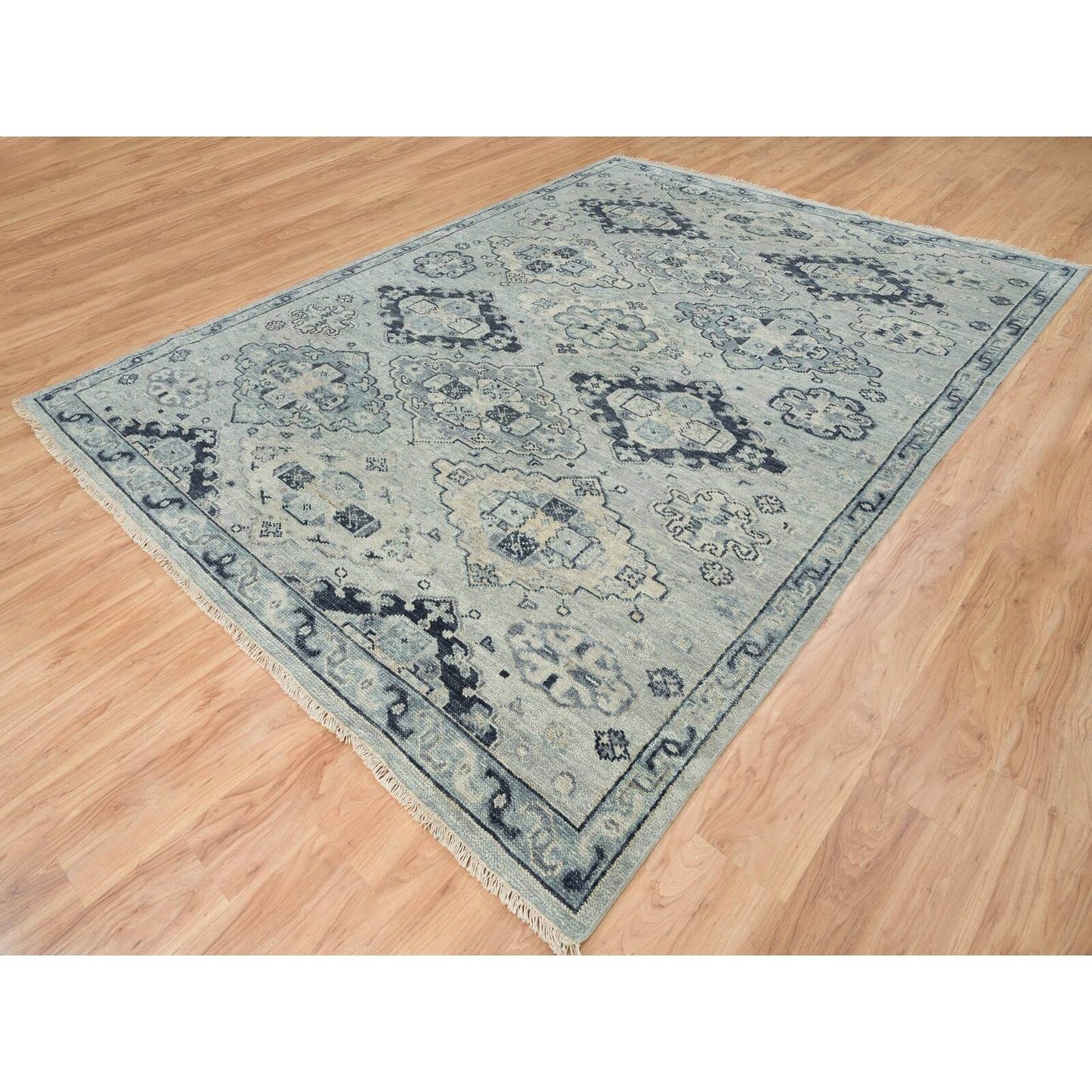 8'10"X11'10" Silver Gray Pure Wool Hand Knotted Anatolian Design Rug