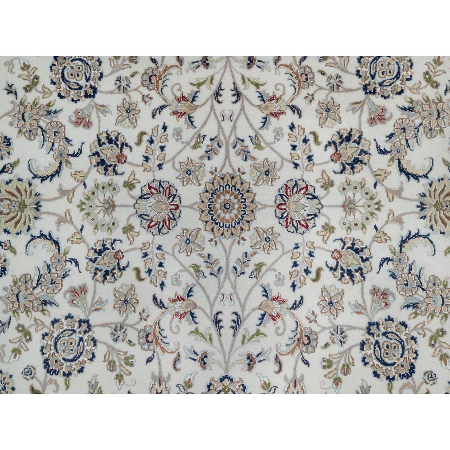 9'X12'1" White Hand Knotted Nain Flower Design Wool And Silk 250 Kpsi Rug