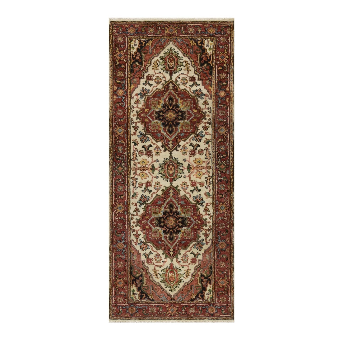 2'7"X6'2" White Wool Antiqued Heris Re-Creation Hand Knotted Runner Rug