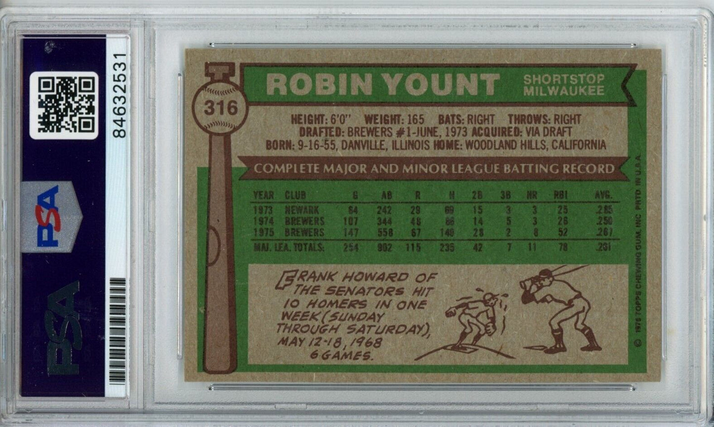 1976 Topps Robin Yount Hof #316 Card Signed