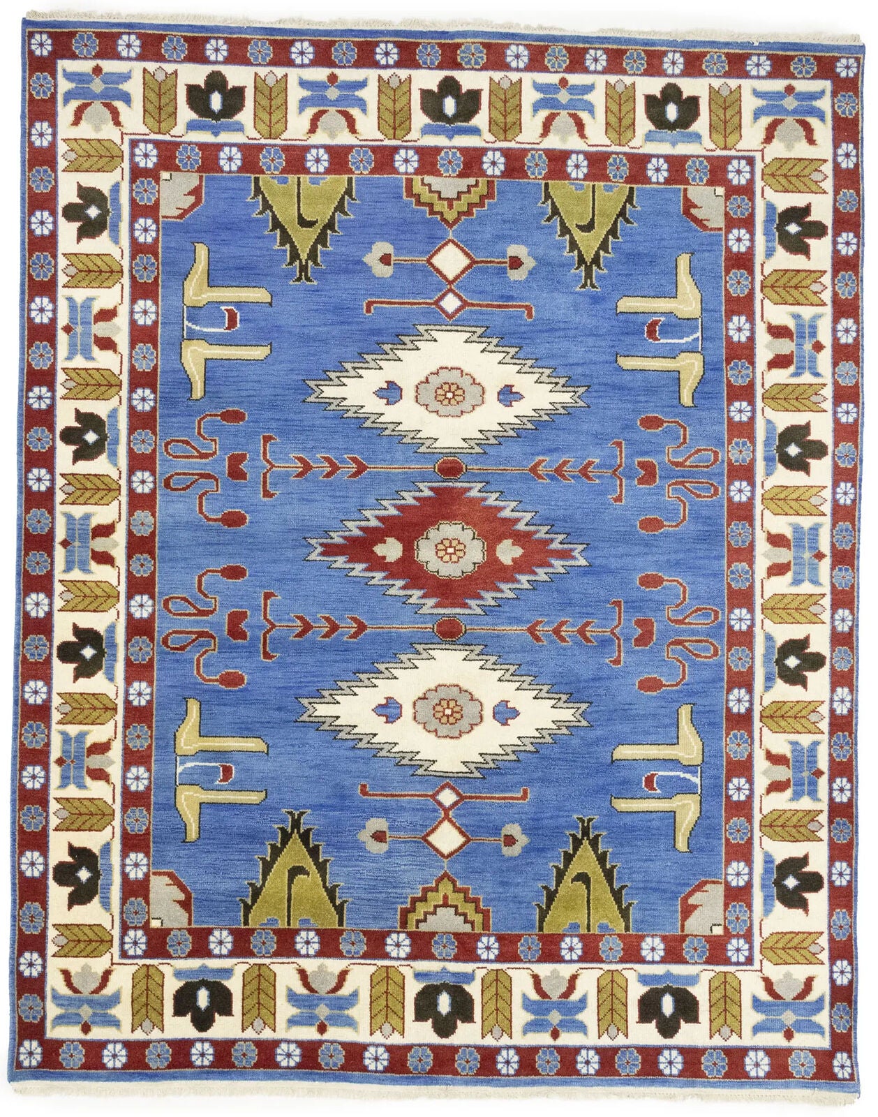 Farmho Boho Blue Geometric Kazak Oriental Rug