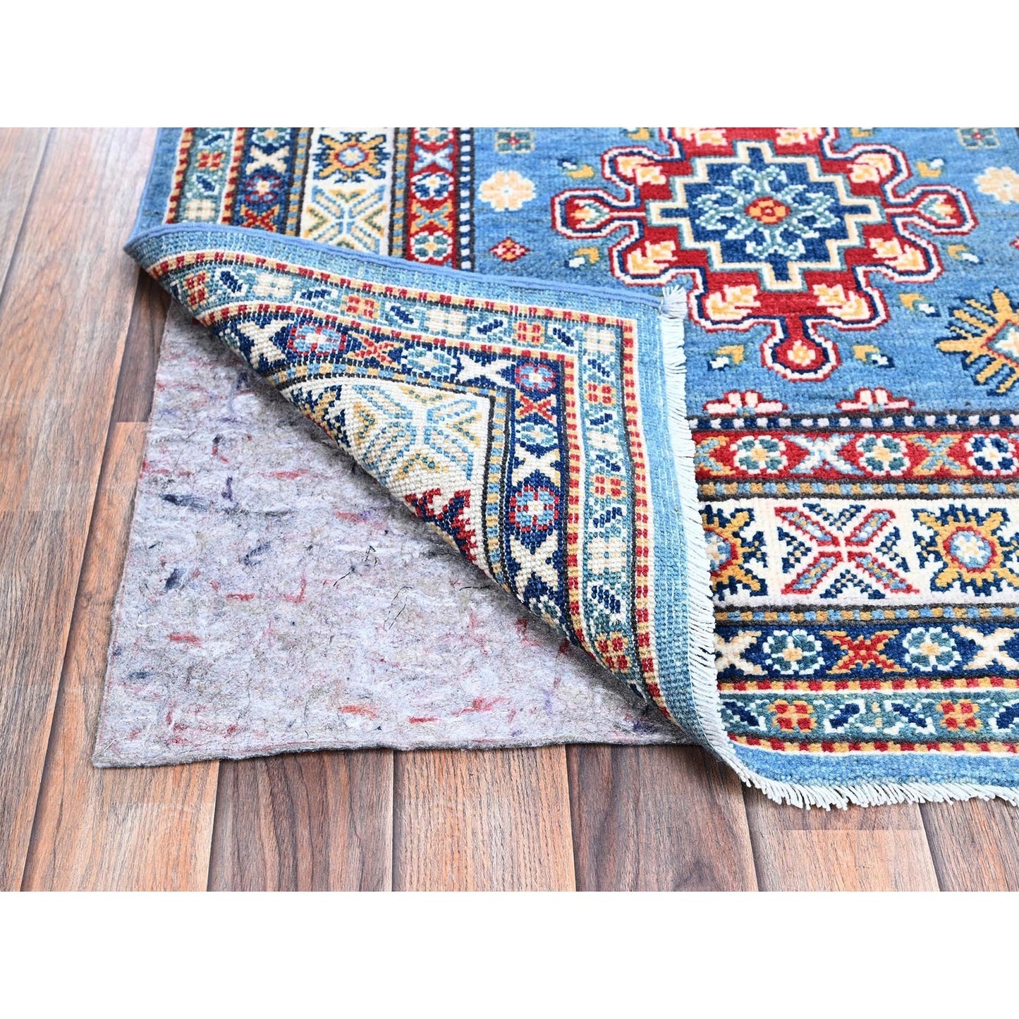 3'2"X16'1" Blue Kazak With Medallions Design Hand Knotted Wool Runner Rug