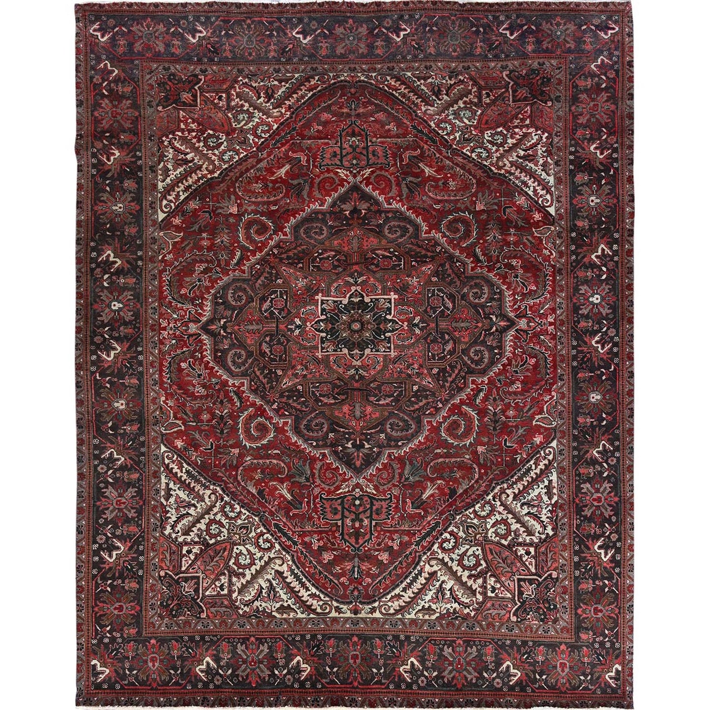 10'X12'3" Red Vintage And Worn Zoroastrian Heris Hand Knotted All Wool Rug