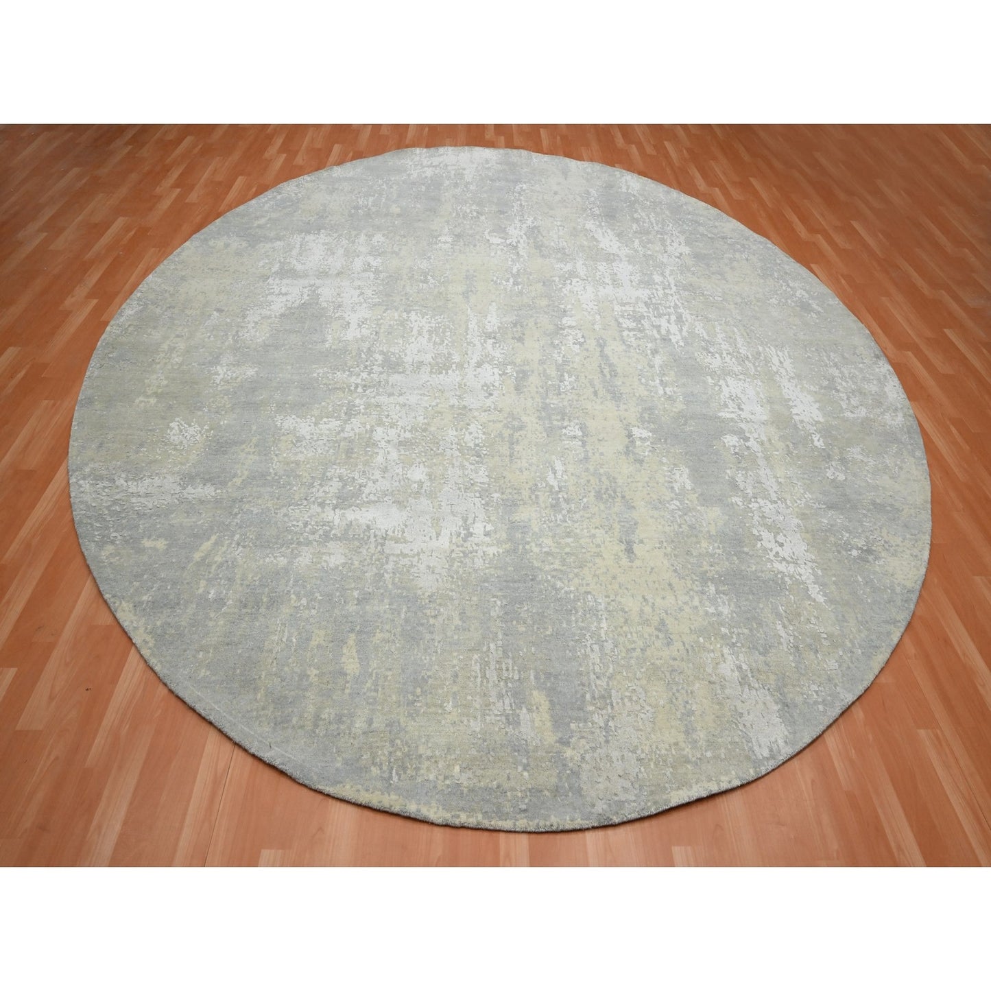 11'10"X11'10" Gray Abstract Design Wool And Silk Hand Knotted Round Rug