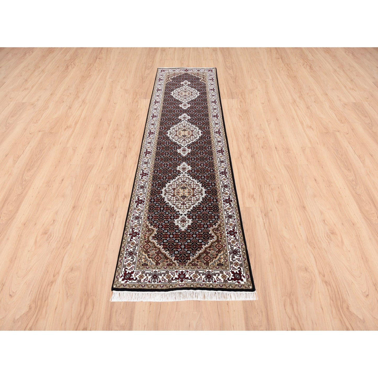 2'7"X10' Hand Knotted Fish Design Tebraz Mahi Wool And Silk Runner Rug