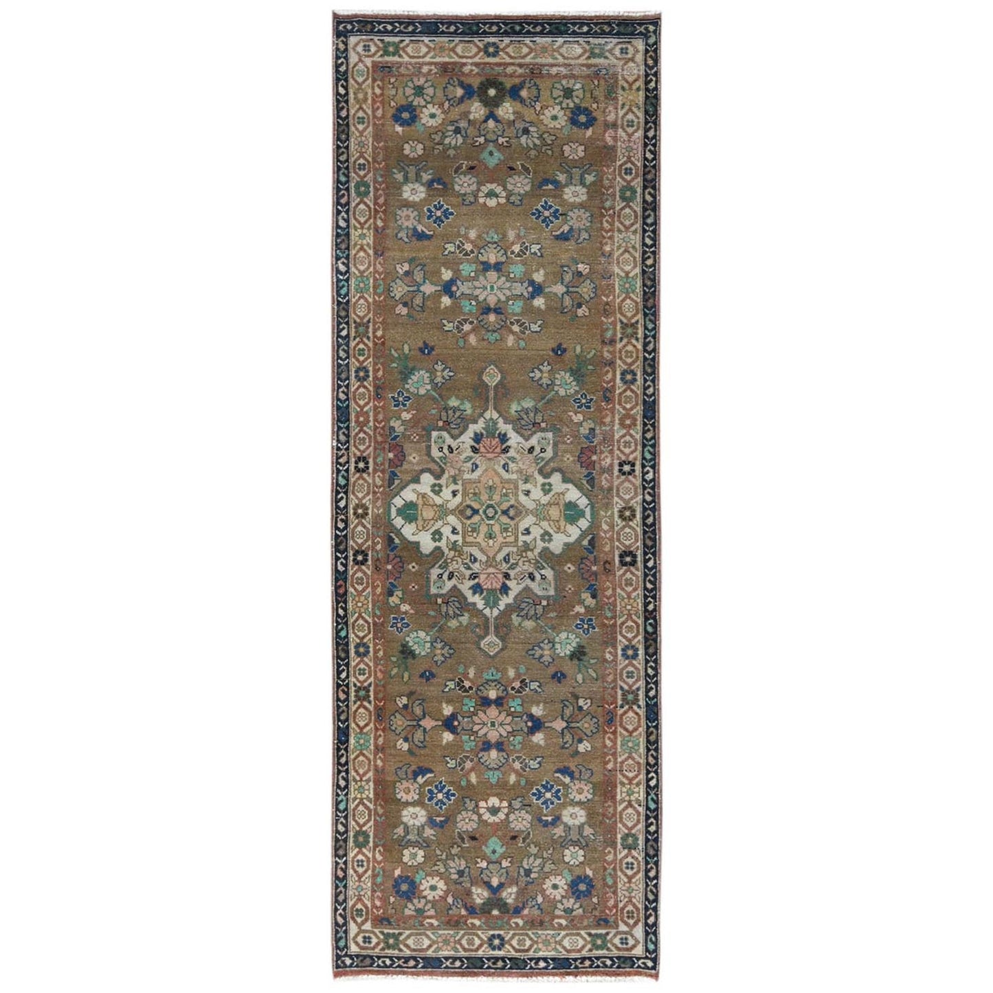 3'4"X9'9" Brown Vintage Farsian Amadan Worn Wool Hand Knotted Runner Rug