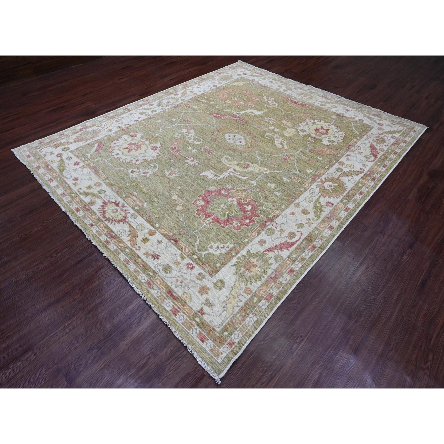 8'1"X9'7" Green Afghan Angora Oushak Leaf Design Wool Hand Knotted Rug