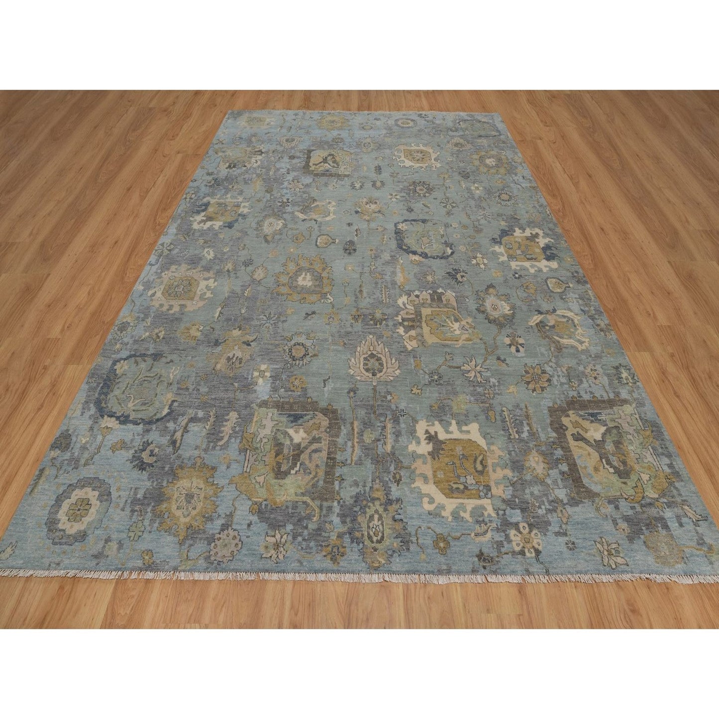 8'7"X12' Silt Green Pure Wool Rug Oushak With Leaf Pattern Hand Knotted
