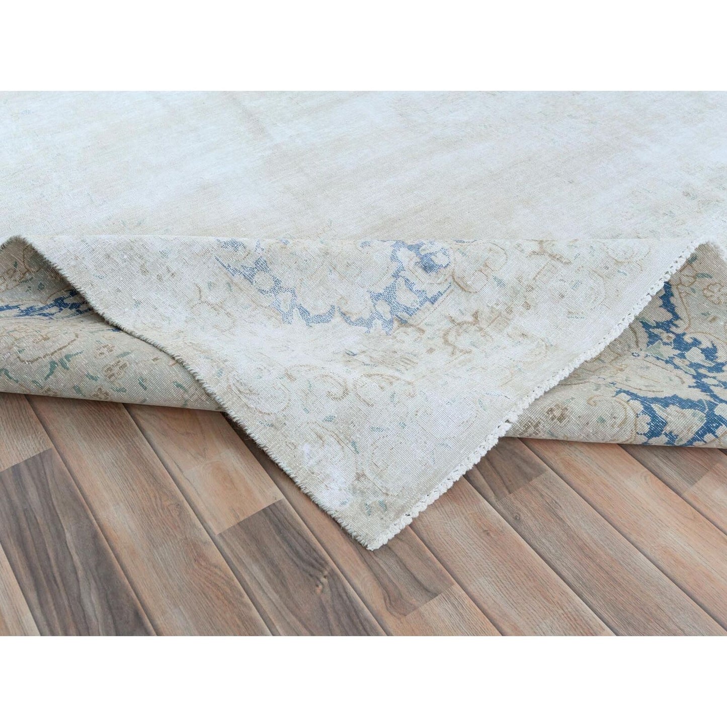 9'7"X12'10"Ivory Hand Knotted Old Farsian Karman Wool Distressed Look Rug