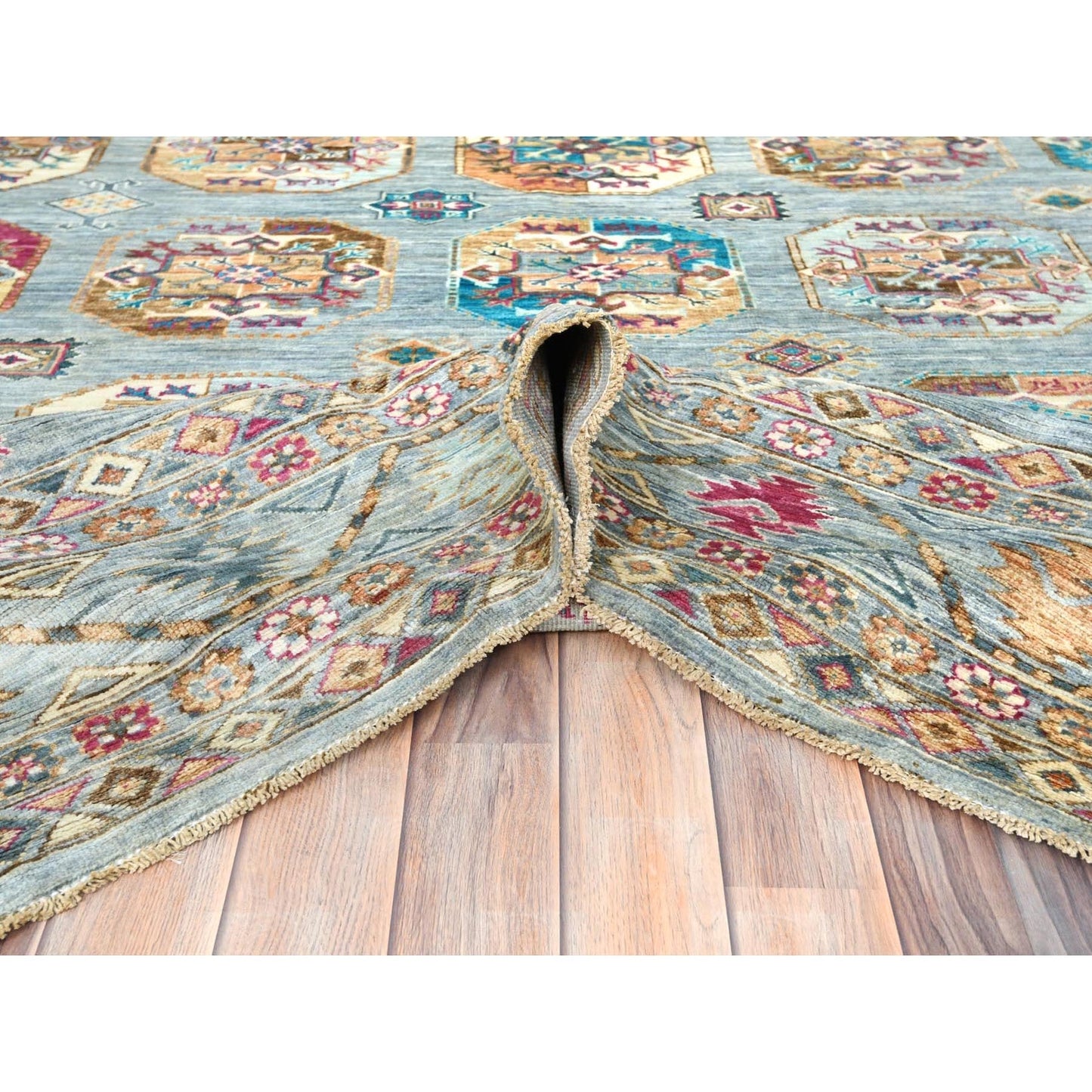 8'8"X11'9" Light Blue Soft Wool Hand Knotted Afghan Super Kazak Rug