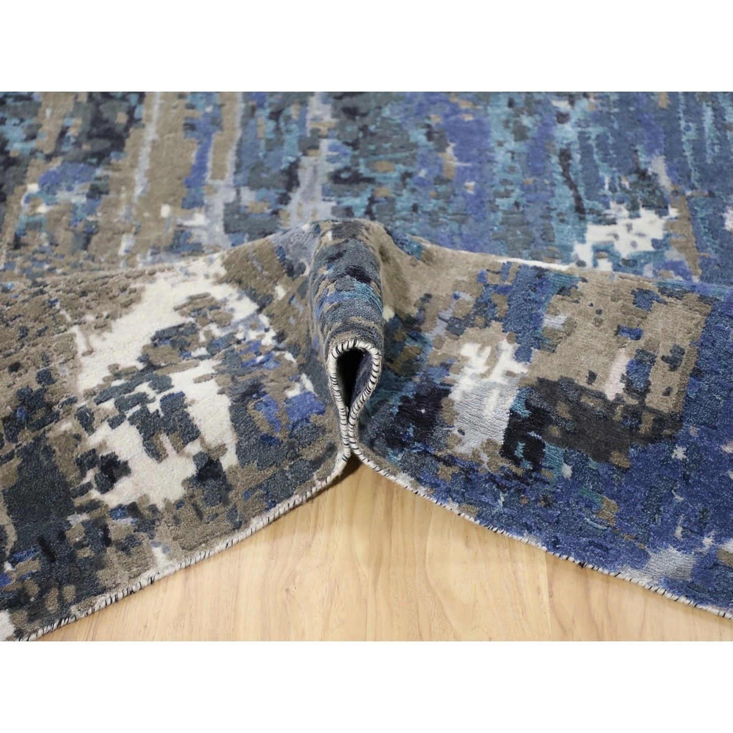 9'9"X'13'9" Blue Abstract Design Wool And Silk Hand Knotted Oriental Rug