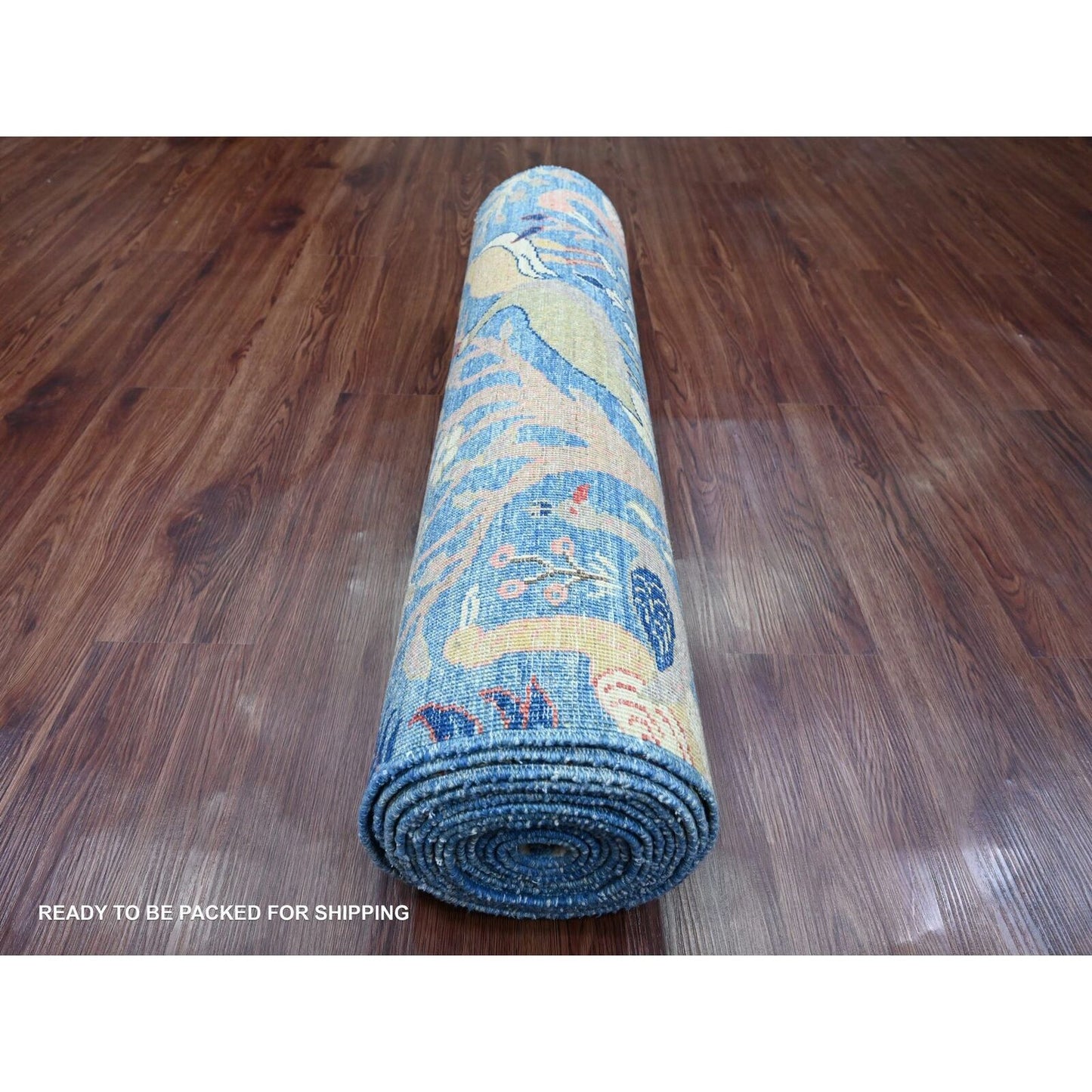 3'1"X19'4" Blue Afghan Peshawar Birds Design Hand Knotted Wool Runner Rug