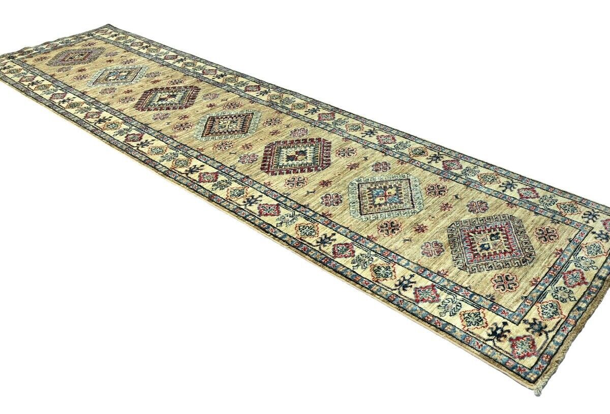 3X10 ft Beige Tribal Geometric Kazak Runner Wool