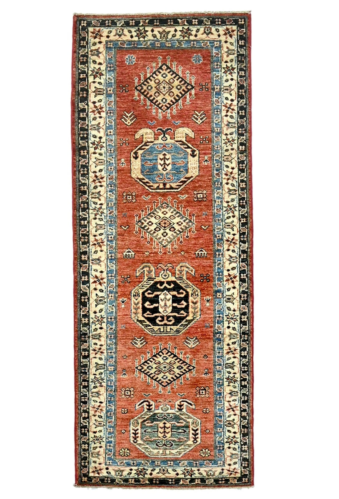 Handmade Kazak Runner Rug Rusty Red Tribal