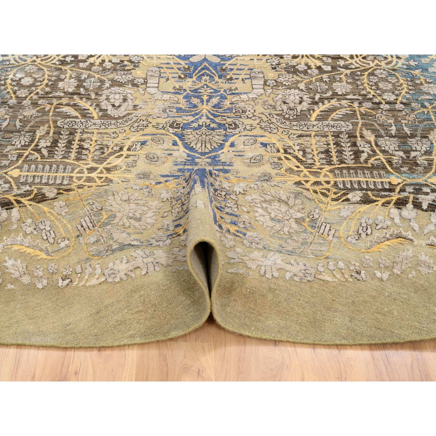 10'X10' Gold Brown Hand Knotted Transitional Sarouk Silk/Wool Round Rug