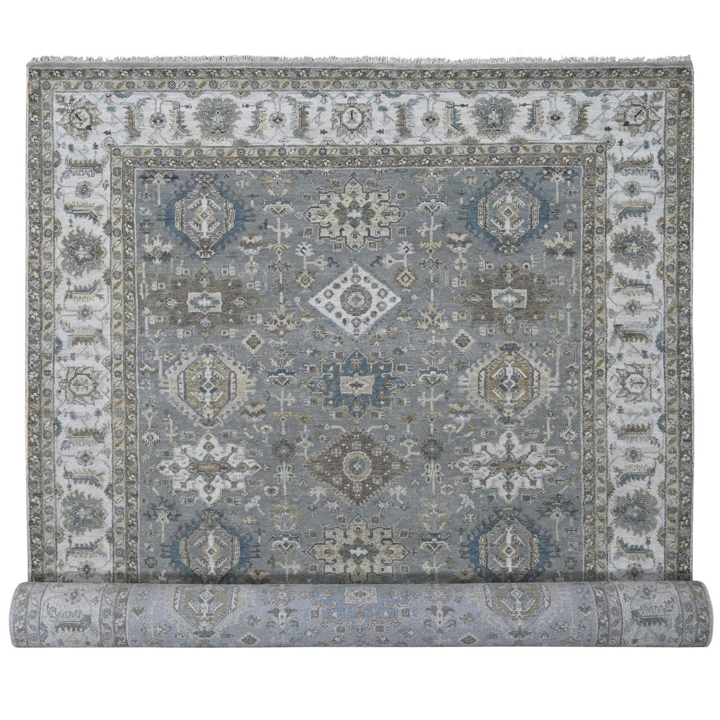 8'2"X16'3" Gray And Ivory Hand Knotted Karjihooz Design Wool Rug
