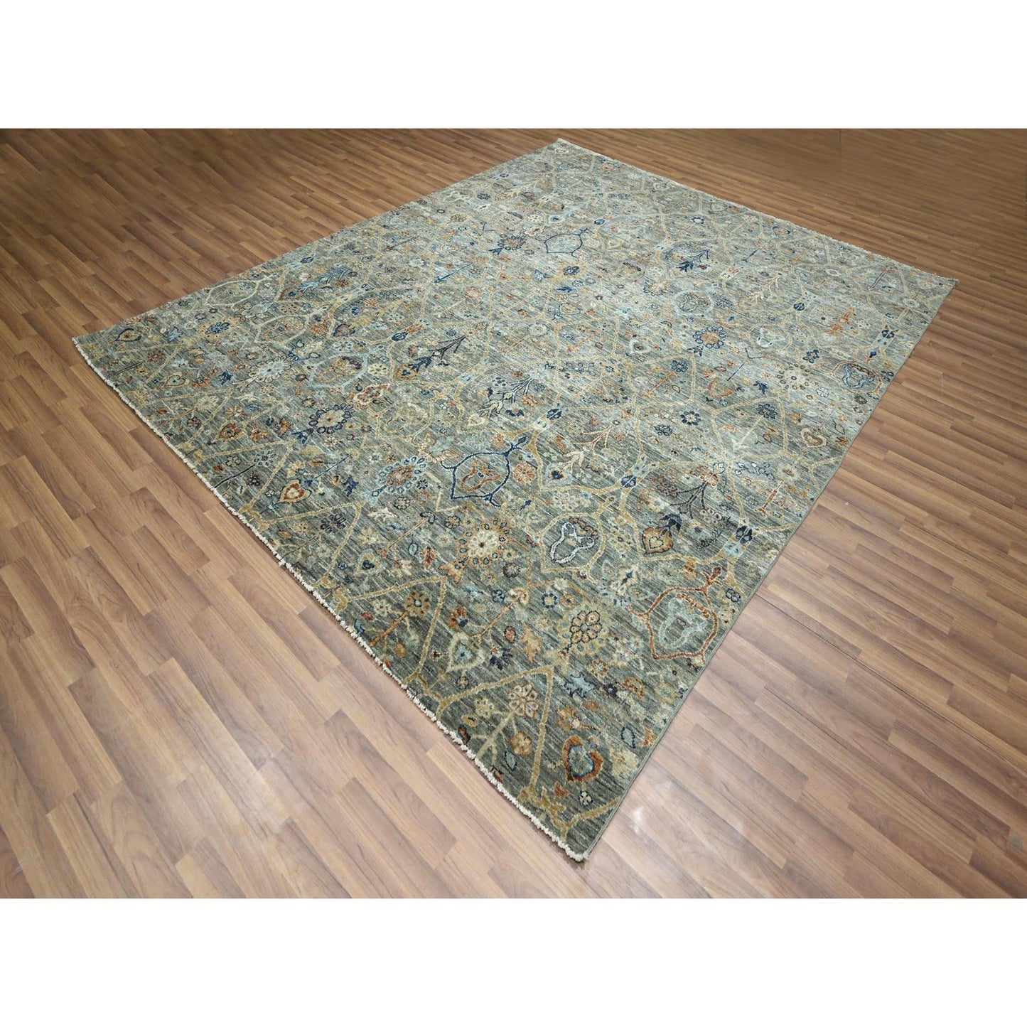 8'X9'10" Gray Zoroastrian Garden Pattern Hand Knotted Pure Wool Rug