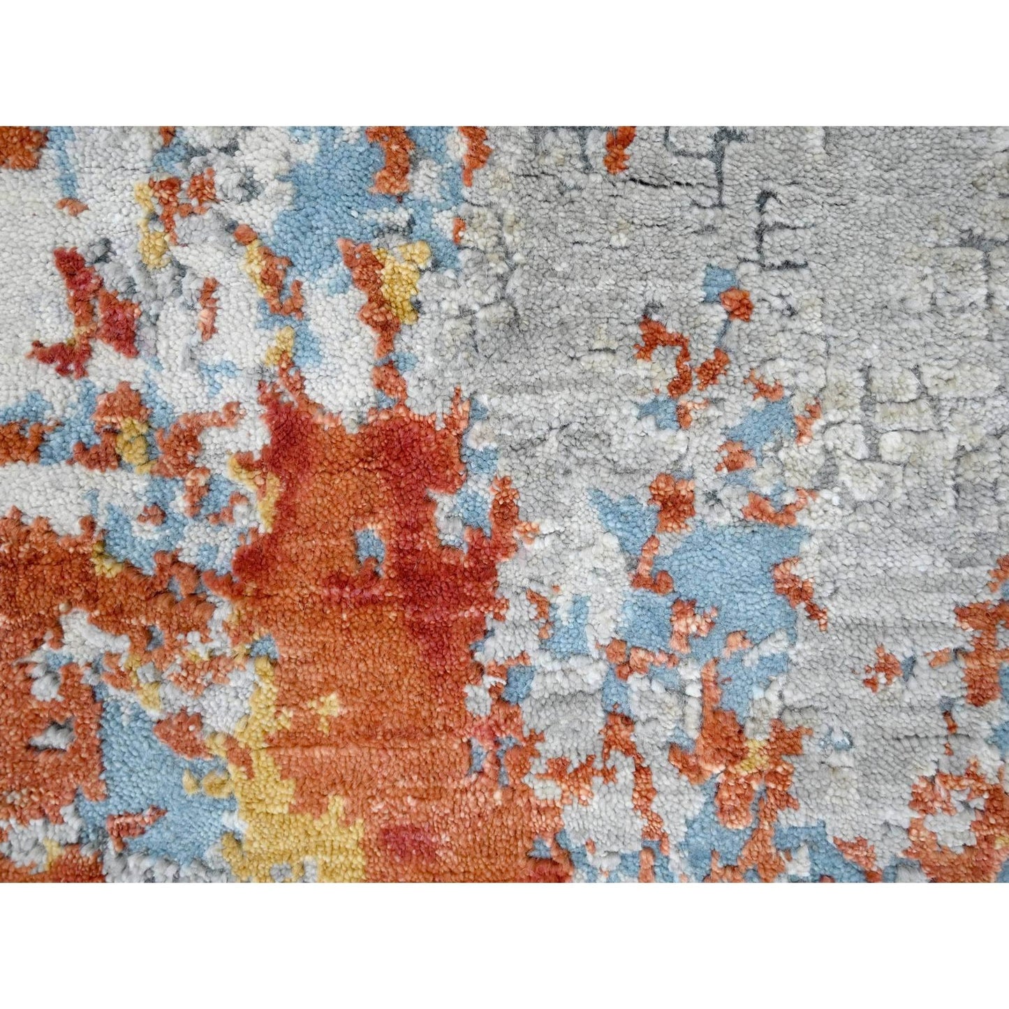 2'7"X5'8" Orange & Gray Wool And Silk Fire Design Hand Knotted Runner Rug